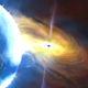 Illustration of a black hole surrounded by superheated plasma, next to its companion star.